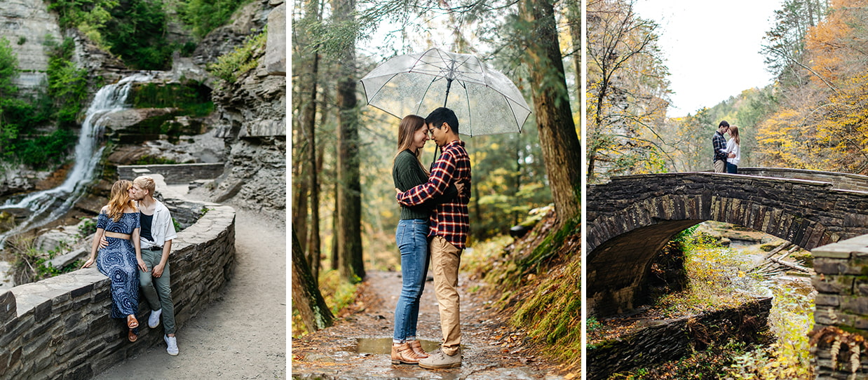 Couple kisses sand embraces on stone bridge and near waterfalls around Robert H Treman State Park in Ithaca NY