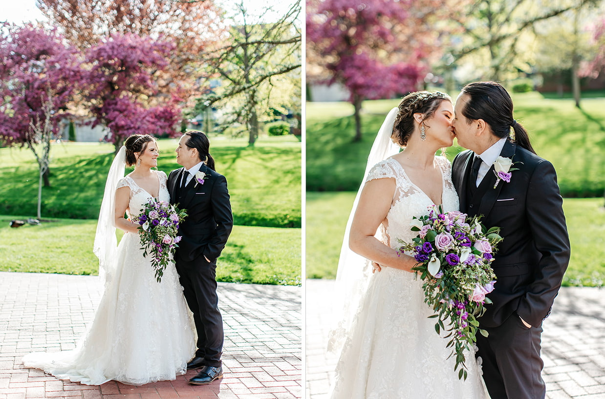 bride and groom smile at each other and kiss in congress park outside of canfield casino in saratoga springs ny