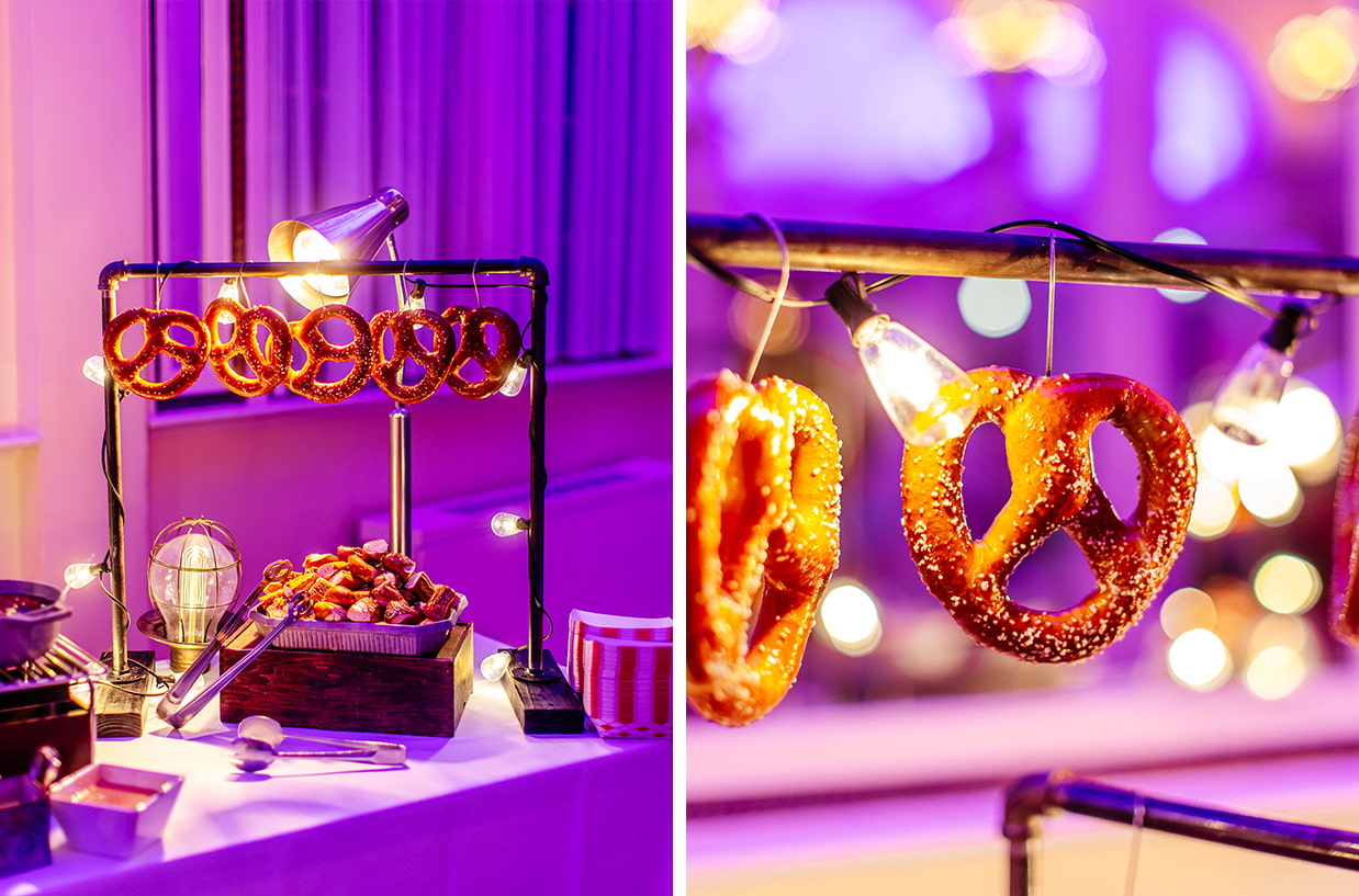 Soft pretzel bar set up as a late night snack for guests at Canfield Casino wedding reception