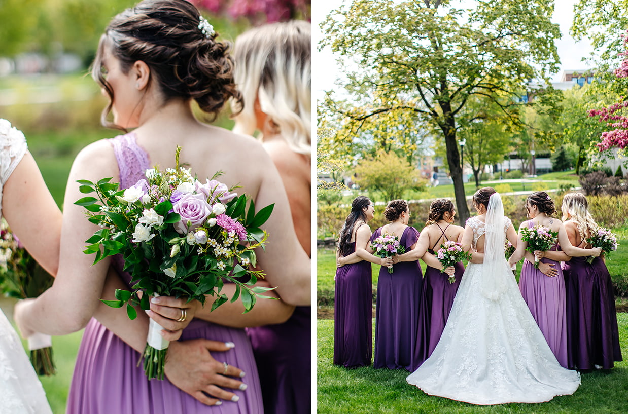 bride and her bridesmaids dressed in purple gowns stand in congress park in saratoga springs ny
