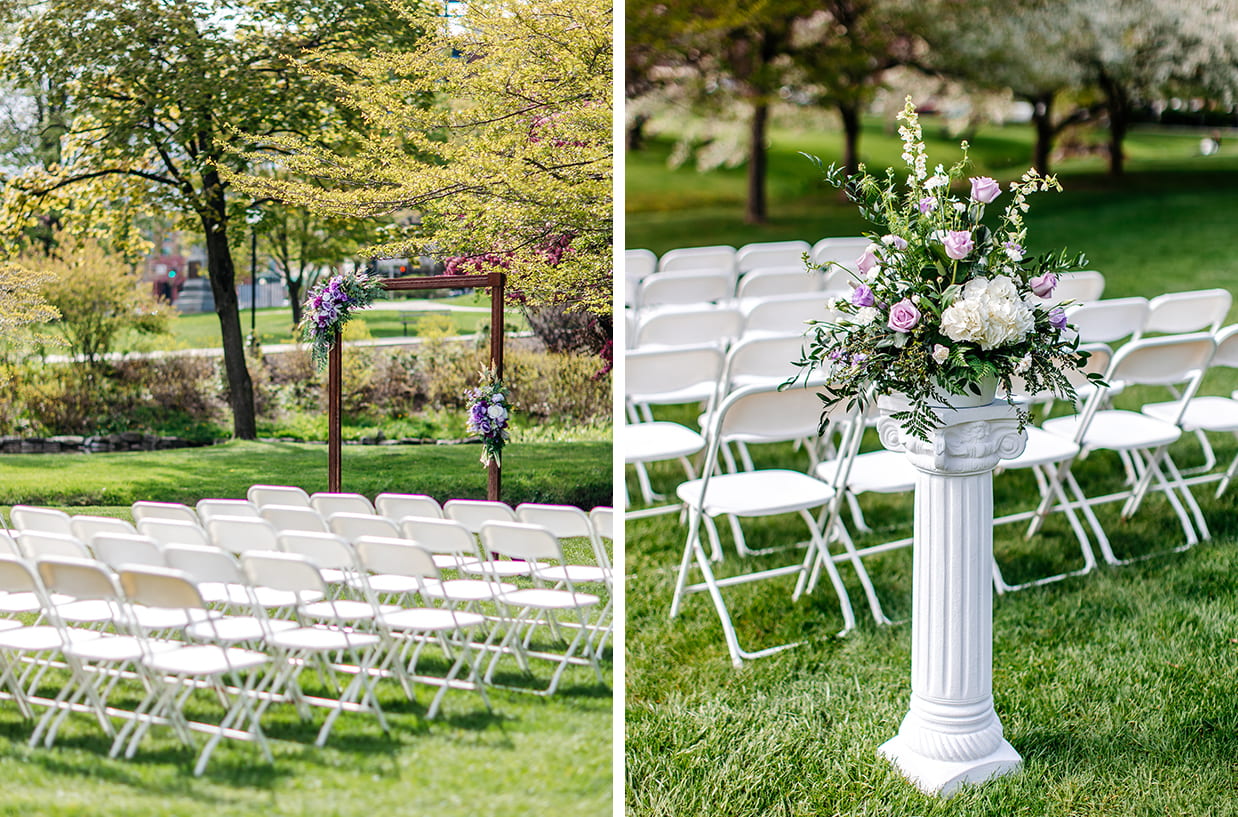 wedding ceremony space set up with white chairs and a wooden arch decorated with purple and white flowers in congress park outside canfield casino in saratoga springs ny
