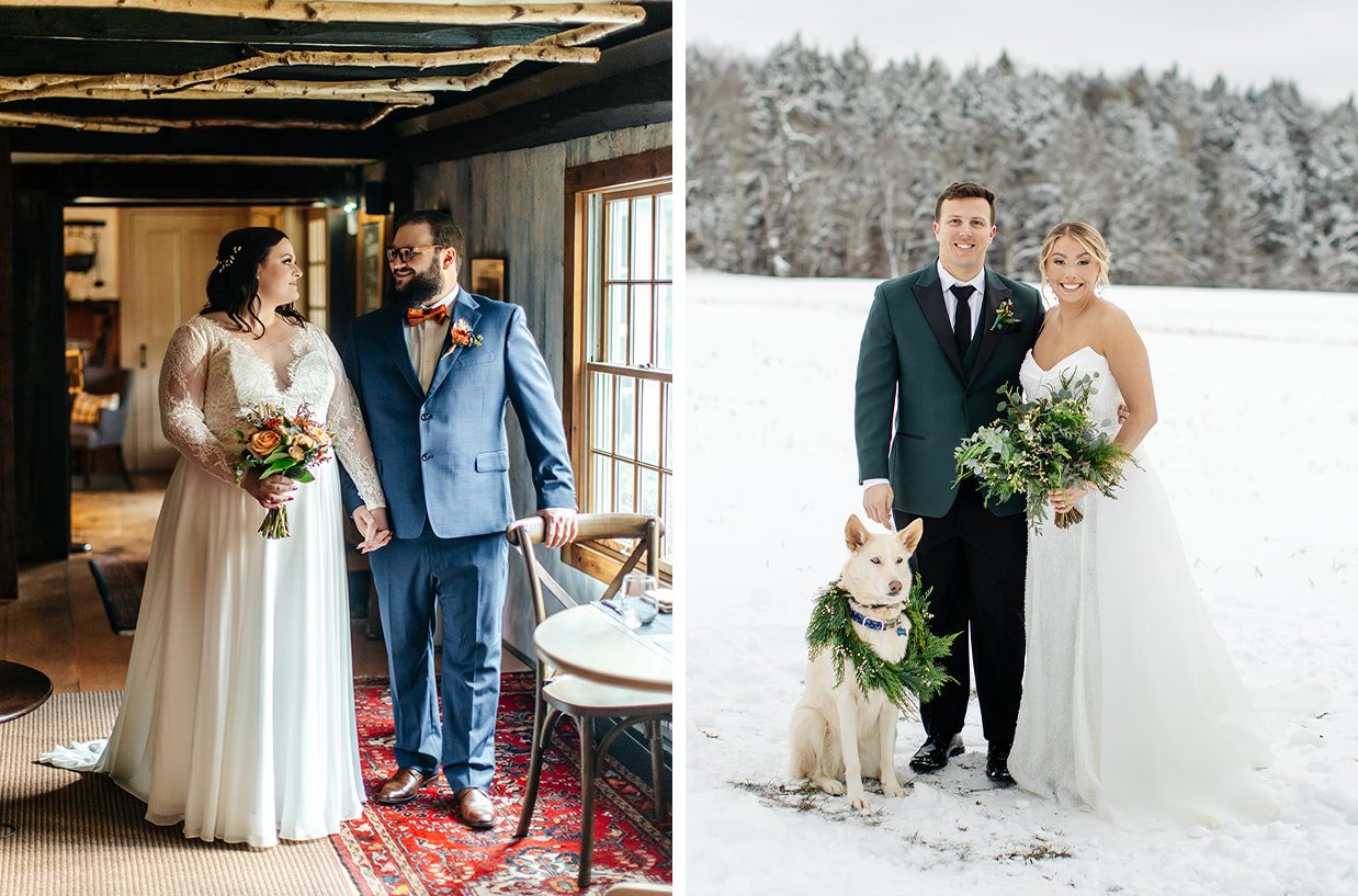 Catskills winter wedding portraits featuring a snowy mountain setting and rustic cabin interior