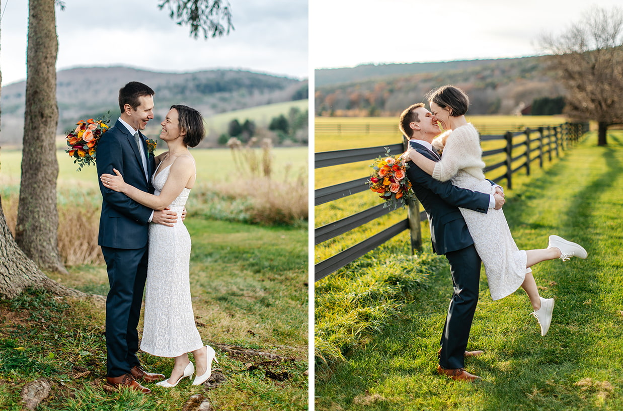 groom and bride holding colorful autumn bouquet embrace with Catskill Mountains in the distance during wedding in the Catskills