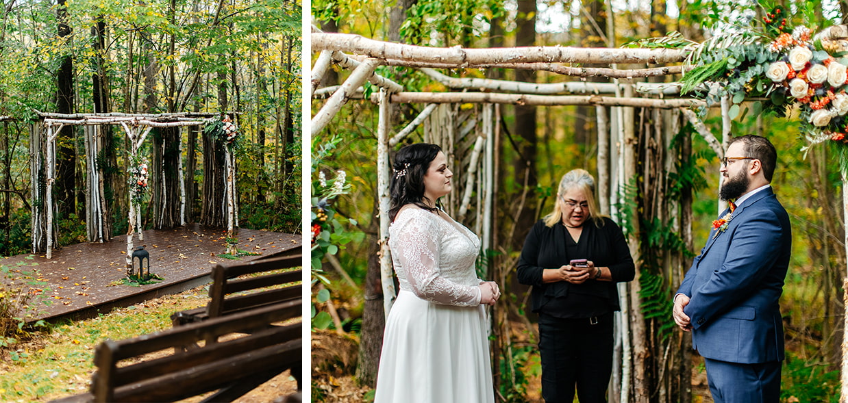 Ceremony space in the forest with birch tree arch, couple gets married in the forest in the catskills