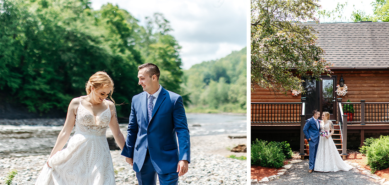 Bride and groom hold hands while walking on riverbed, bride and groom stand in front of log cabin in the Catskills
