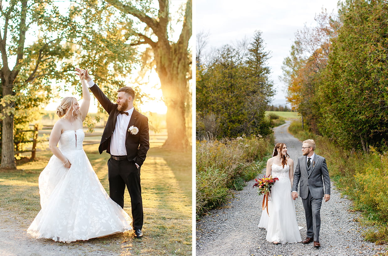 Wedding portraits in Central New York featuring golden hour fields and a countryside gravel path