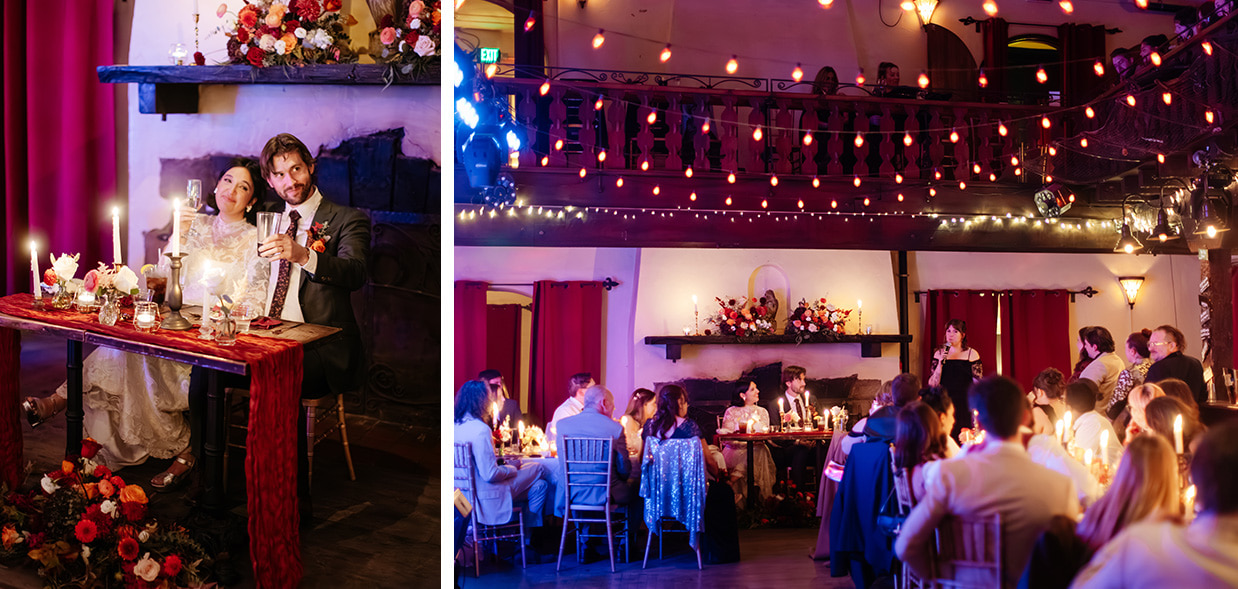 Sweetheart table and candlelit reception details inside Colony Woodstock wedding venue.
