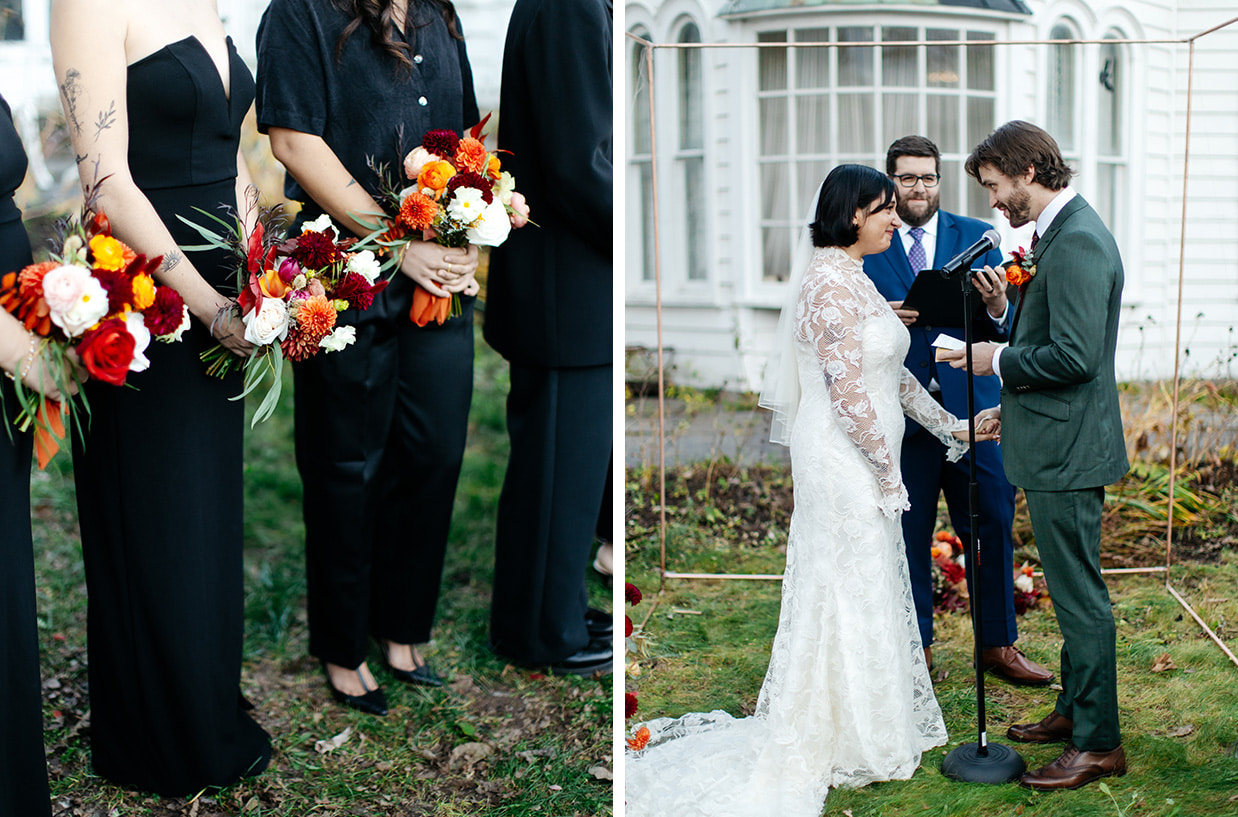 Couple exchanging vows during outdoor Colony Woodstock wedding ceremony in autumn