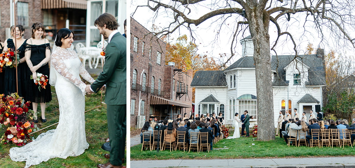 Outdoor Colony Woodstock wedding ceremony in autumn.
