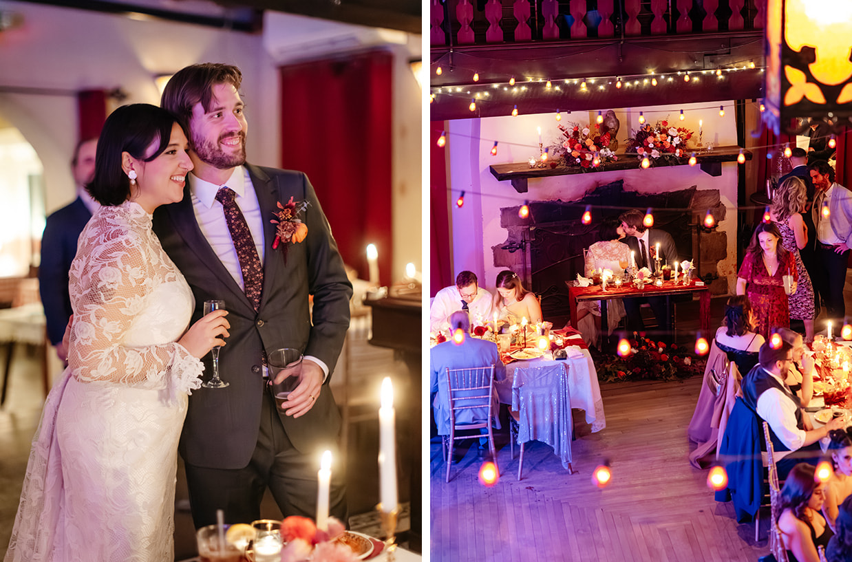 Couple smiles for photos and kisses during cocktail hour at Colony Woodstock wedding reception with string lights overhead.