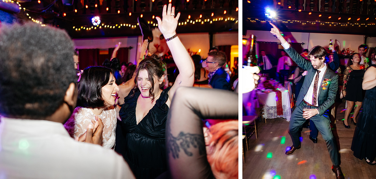 Bride, groom, and guests dancing on the dance floor at Colony Woodstock wedding reception