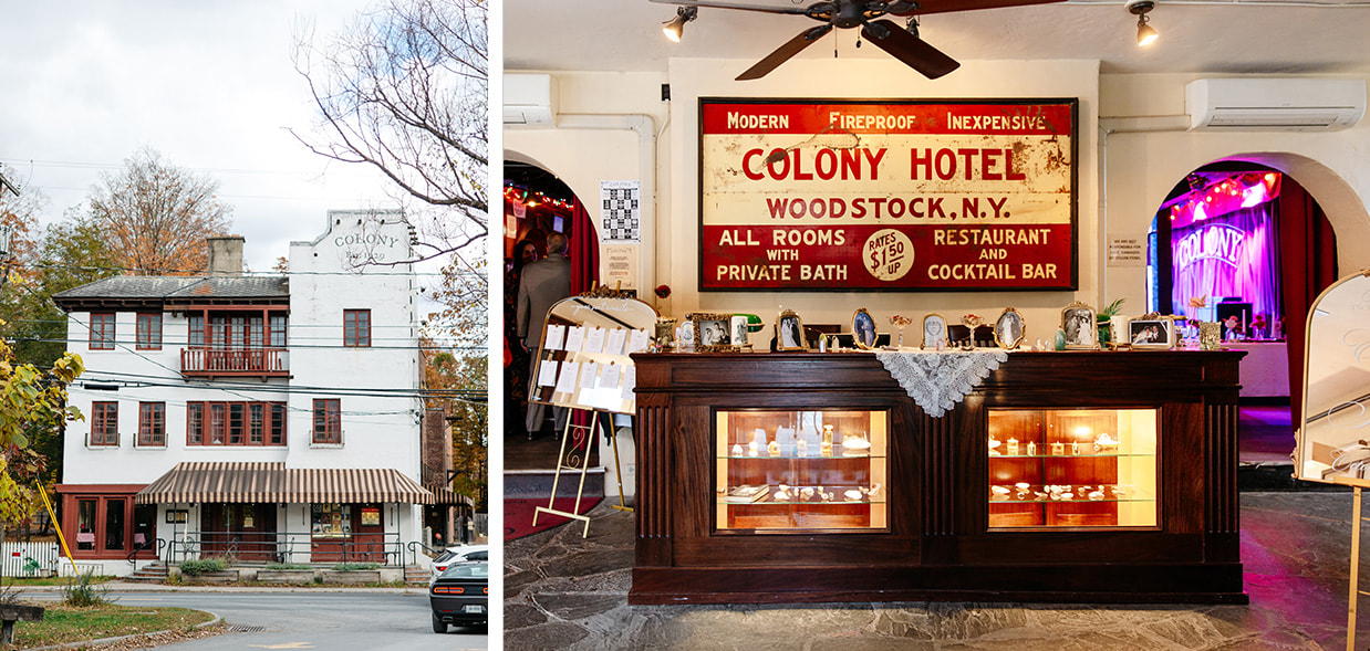 Exterior of Colony Woodstock wedding venue in Woodstock NY with historic white facade and interior vintage sign.