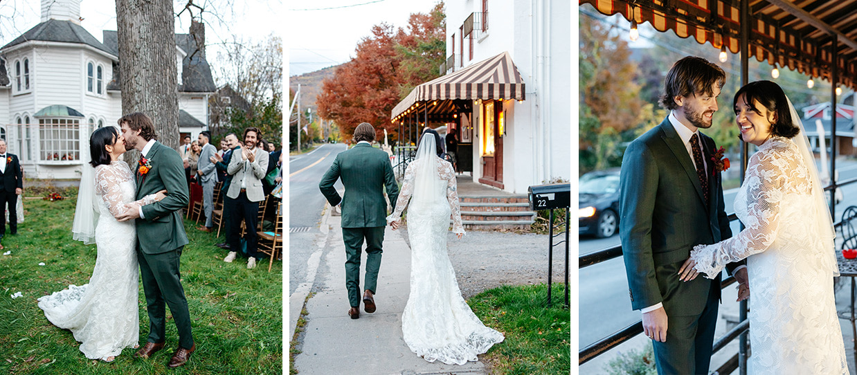 Newly married couple celebrating outside Colony Woodstock after their fall wedding ceremony.