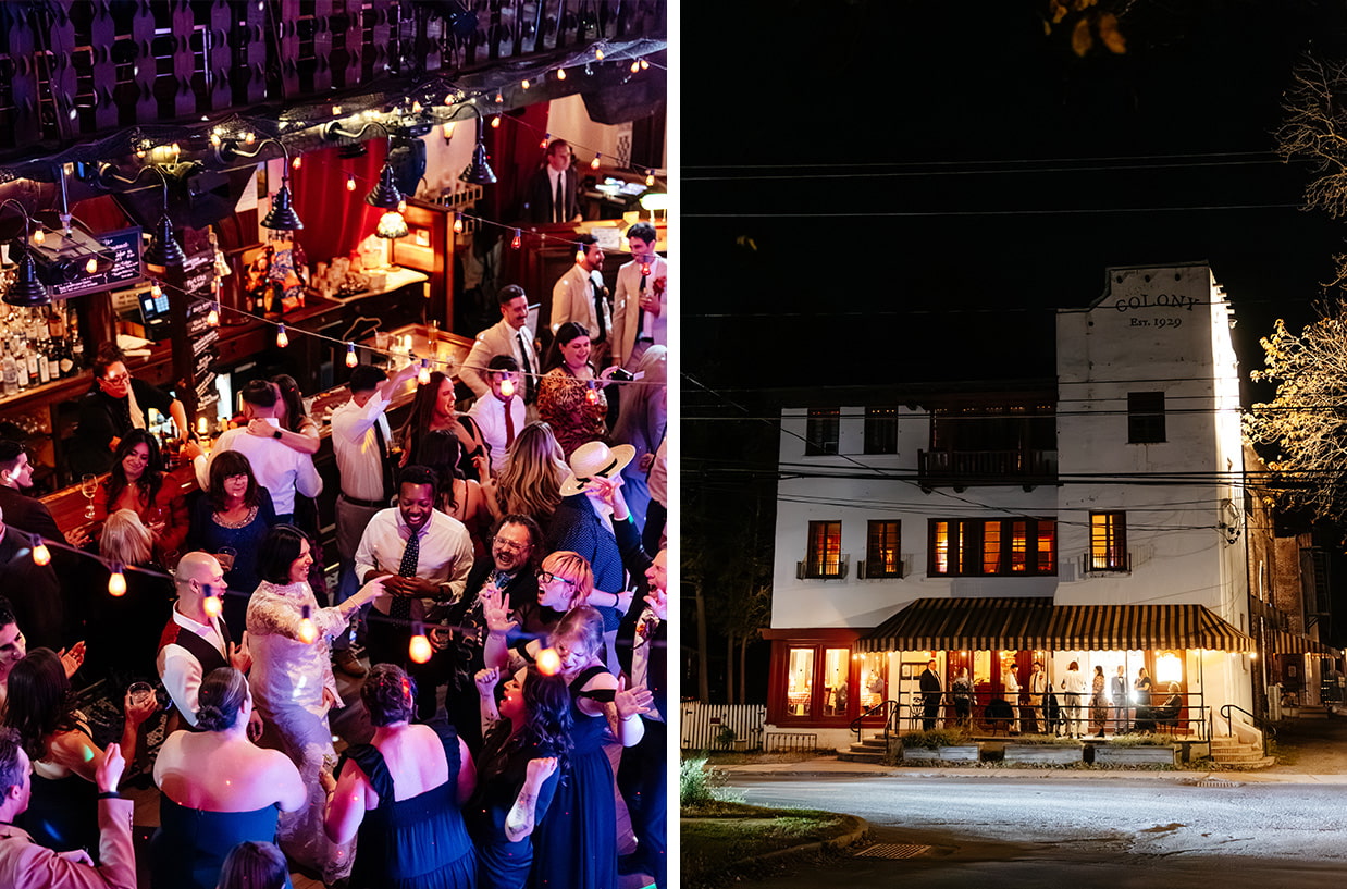 Nighttime wedding reception at Colony Woodstock with packed dance floor and lit exterior