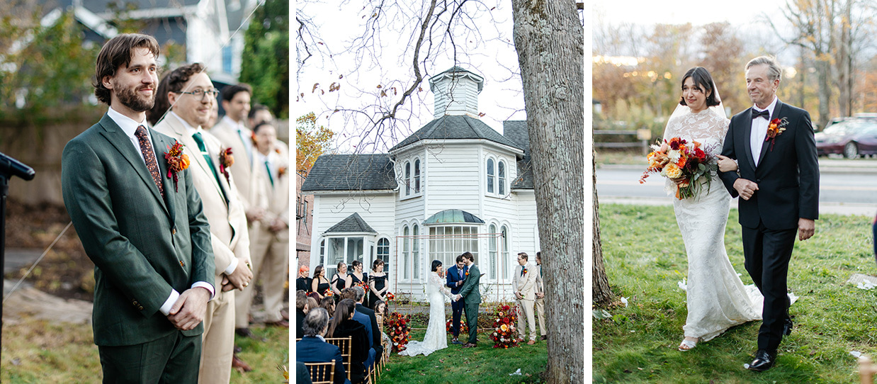 Groom watches as bride walks down the aisle during wedding ceremony at Colony in Woodstock NY