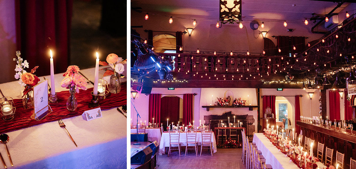 Close-up and wide view of wedding reception table decor and candles at Colony Woodstock