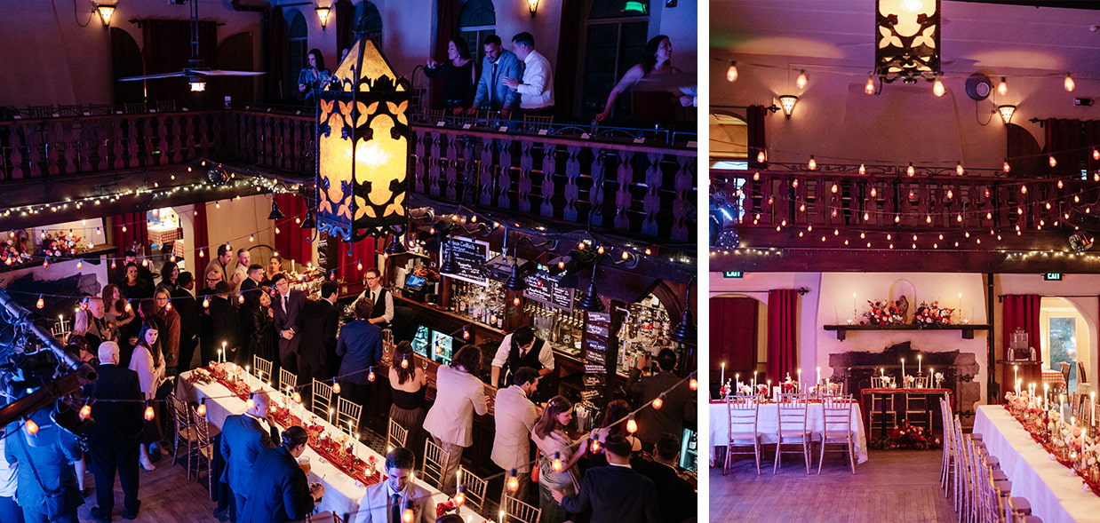 Balcony view of candlelit reception setup inside Colony Woodstock during a wedding in Woodstock NY.