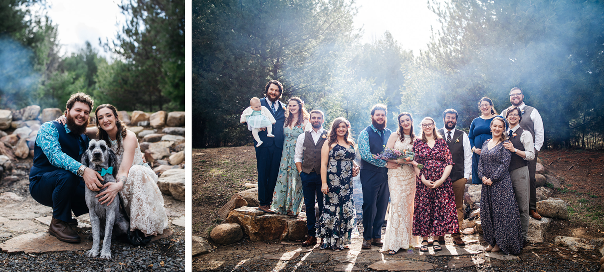 micro-wedding guests stand in front of bonfire for group photo with dog