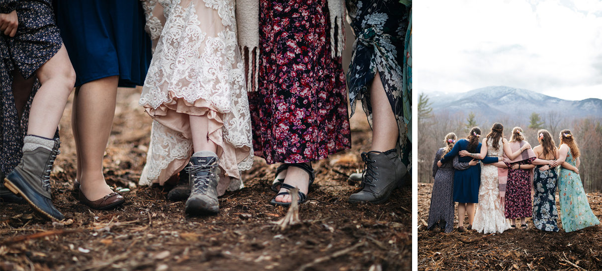 Bride stands with bridesmaids in hiking boots and looks at whiteface mountain wilmington ny