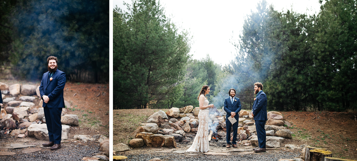 bride and groom have wedding ceremony in front of fire in adirondacks