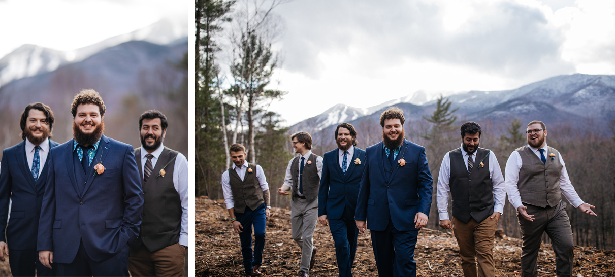 Groom stands and walks with groomsmen in front of whiteface mountain wilmington ny