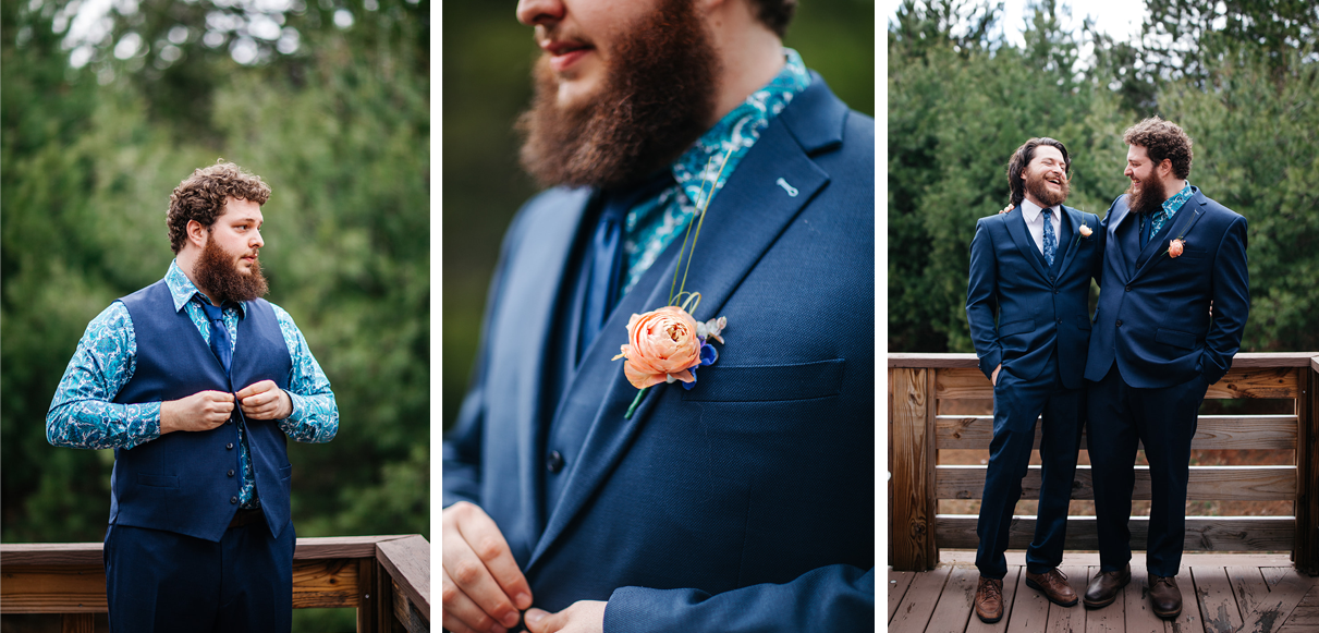 groom gets ready for wedding blue suit and pink boutonniere