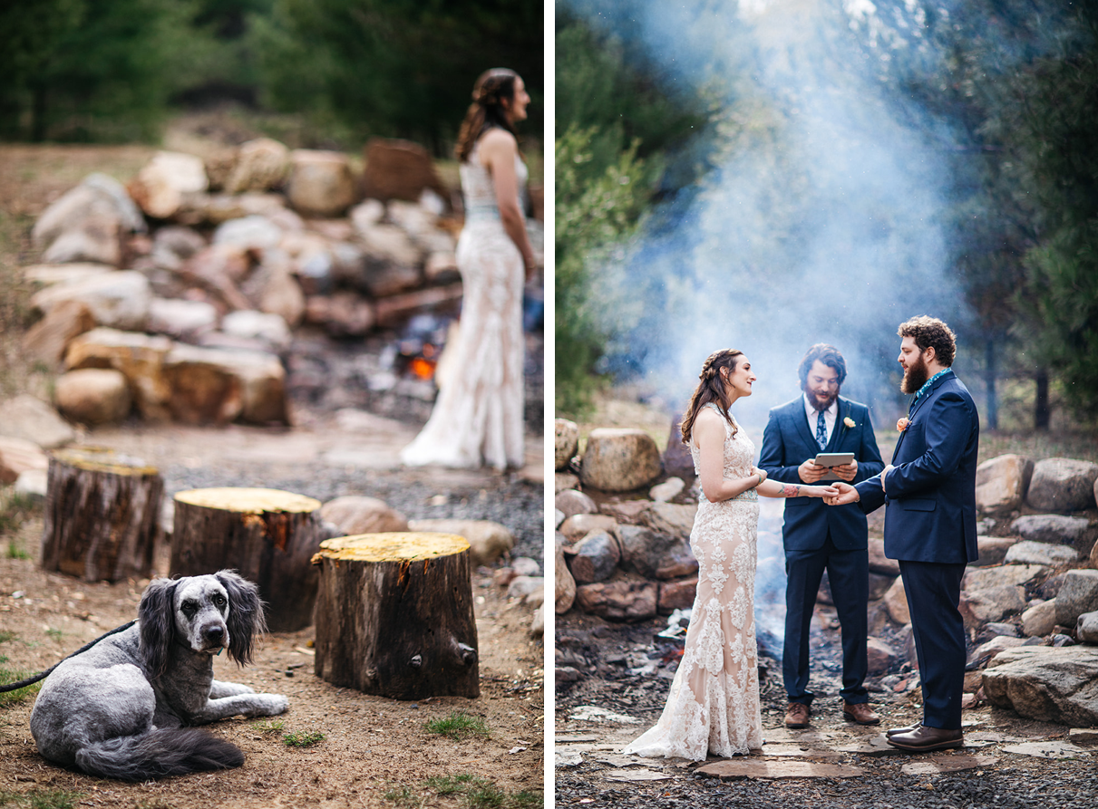 bride and groom exchange rings in front of bonfire while dog looks on