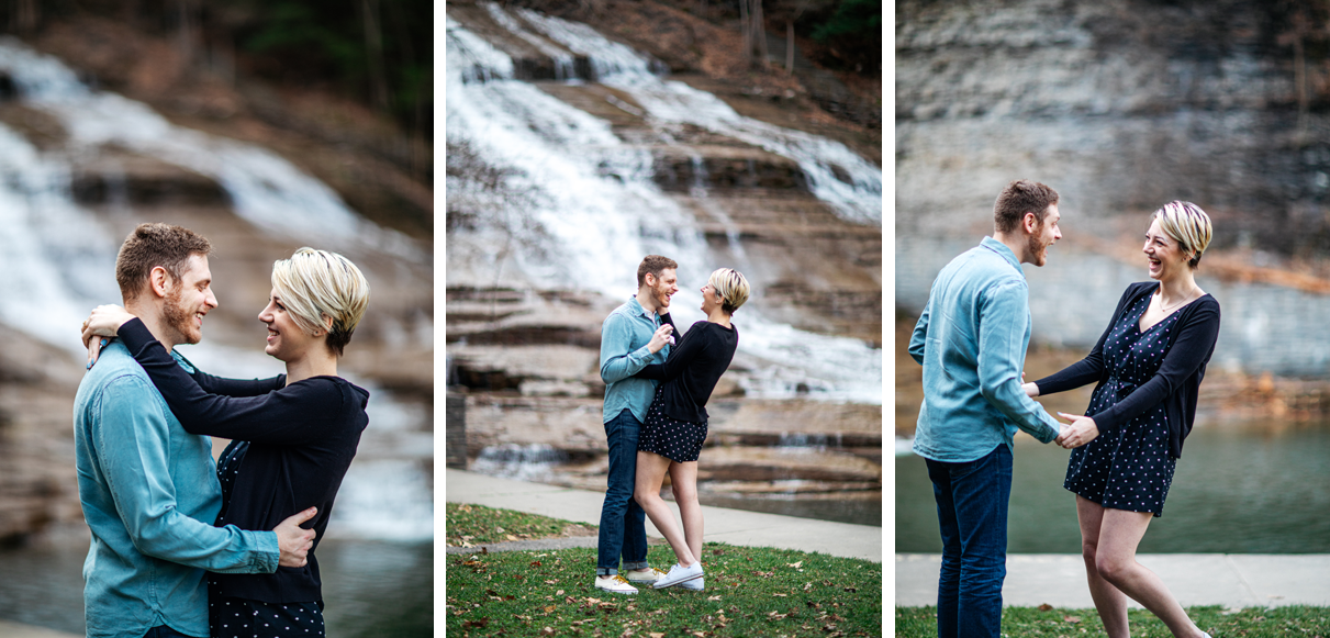 couple laughs after proposal at Buttermilk Falls in Ithaca NY