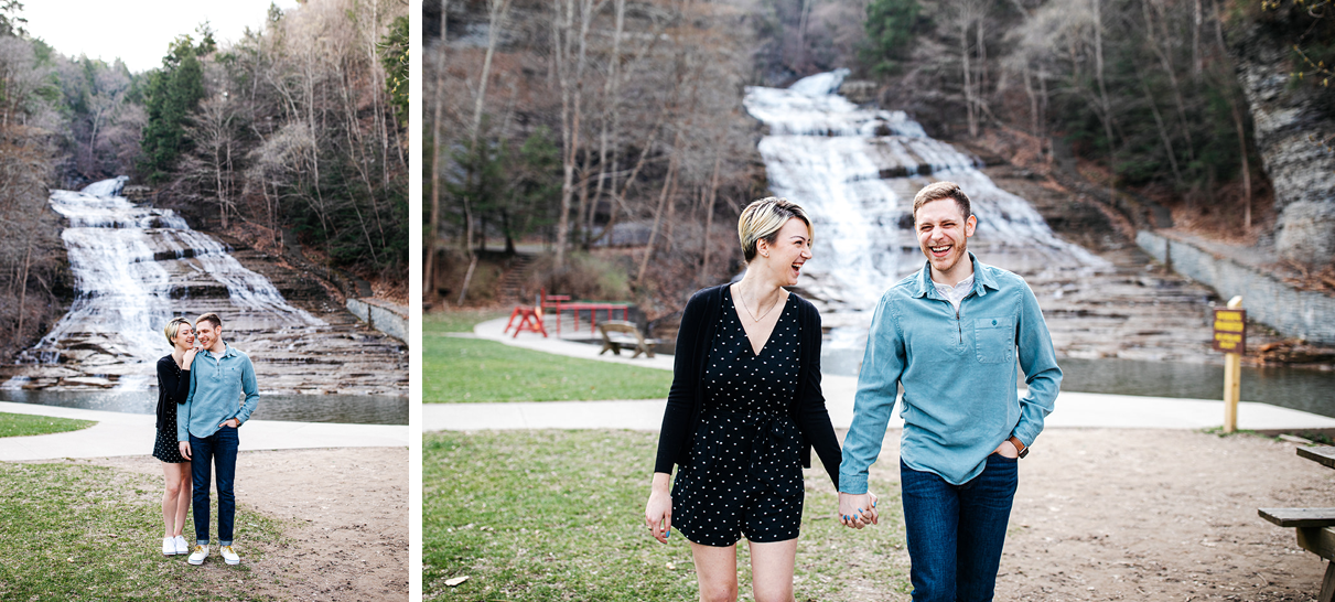 Couple holds hands in front of Buttermilk Falls in Ithaca NY