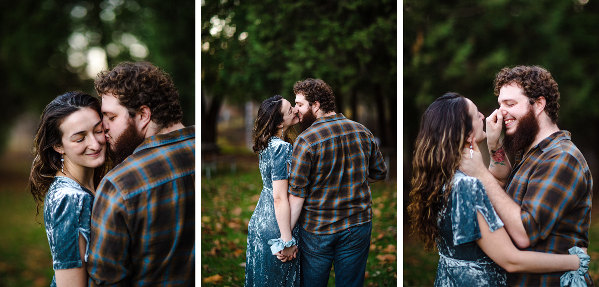 Couple kisses smiles and laughs in woods during Chenango Valley State Park engagement session