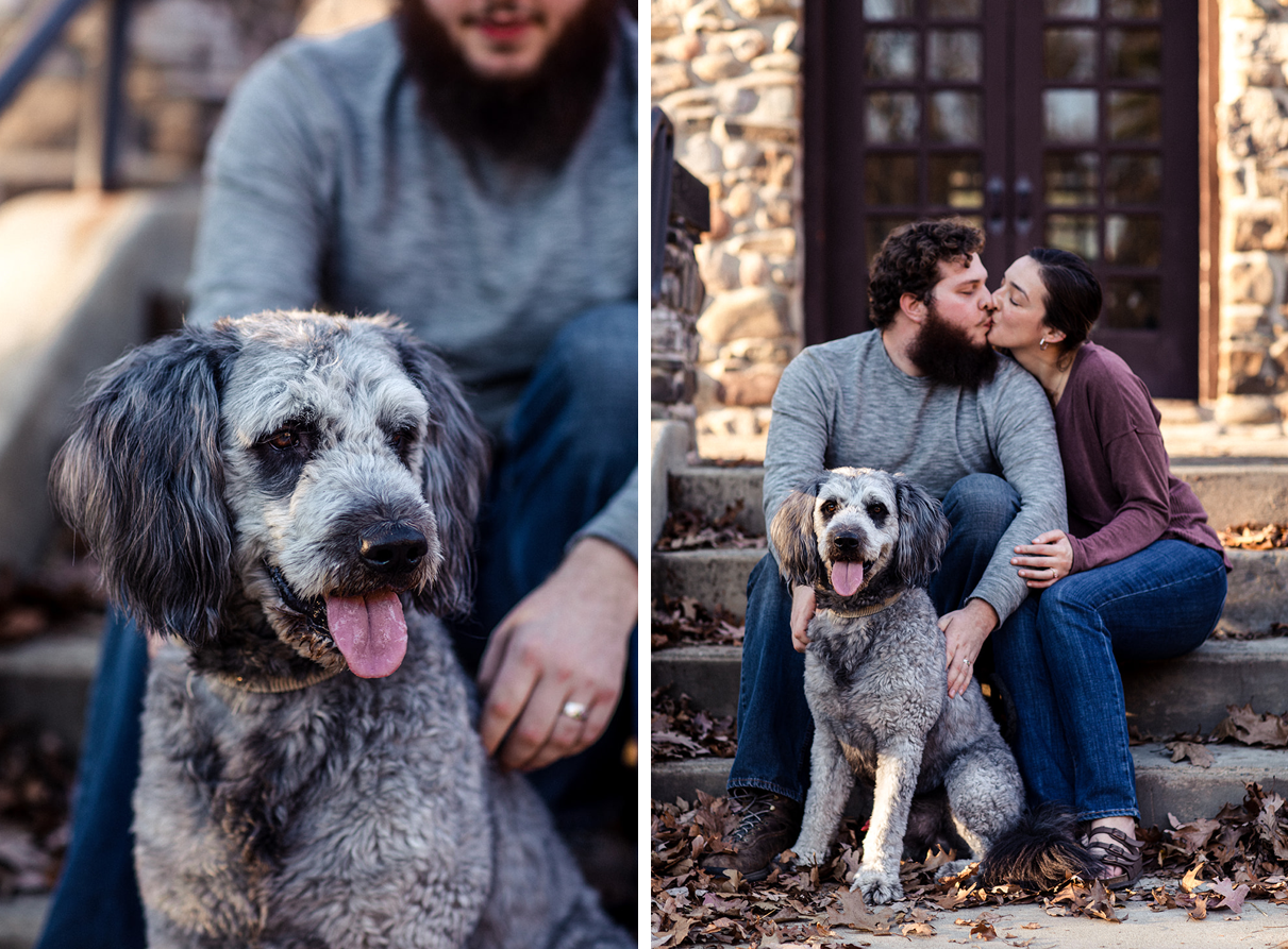 Dog sits in front of couple during their engagement photos at Chenango Valley State Park