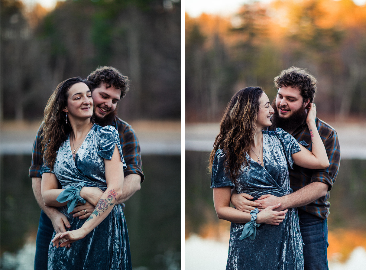Cute couple embraces on dock during sunset engagement session