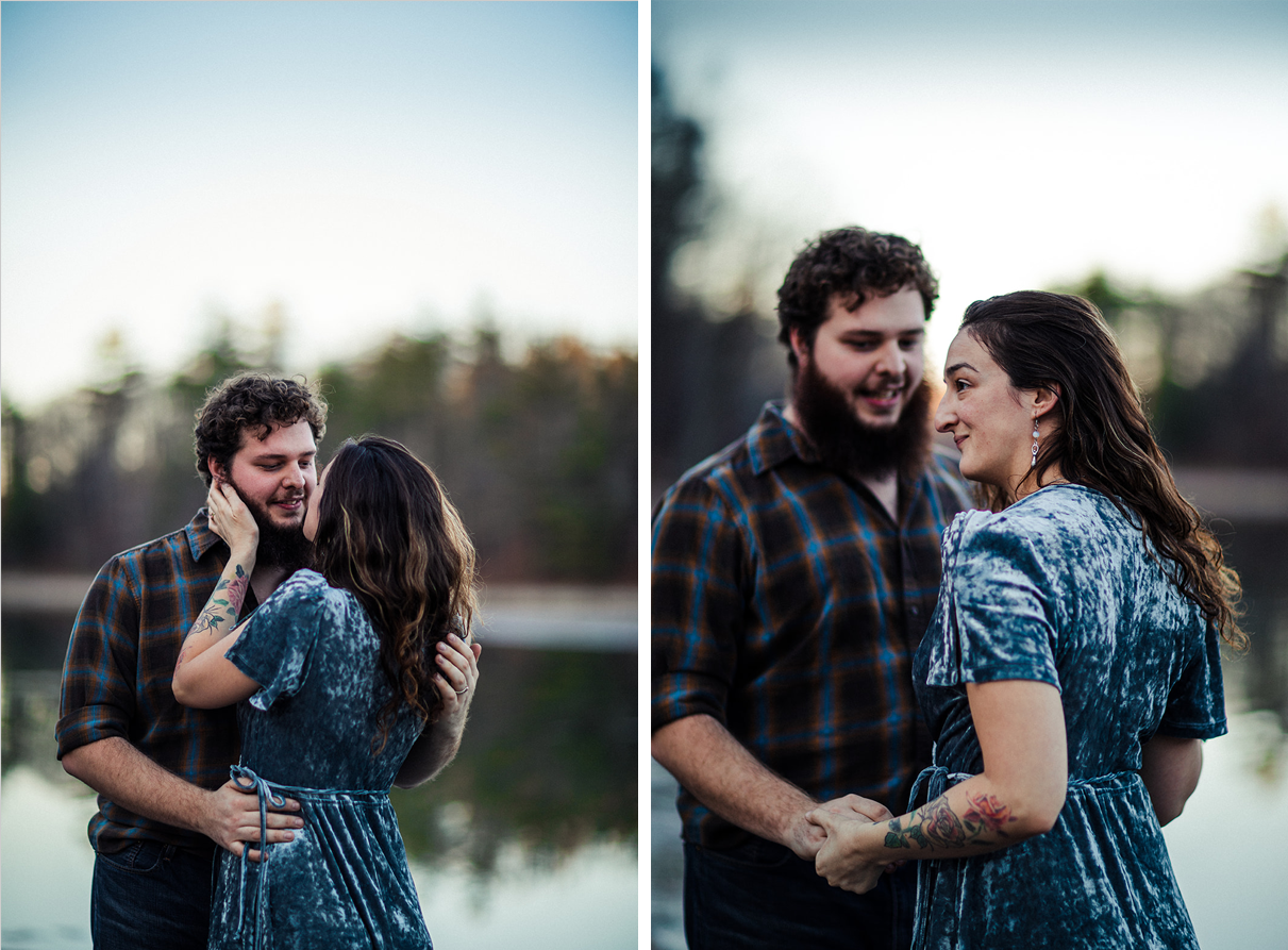 Woman in velvet dress with tattoos dances during engagement session at Chenango Valley State Park