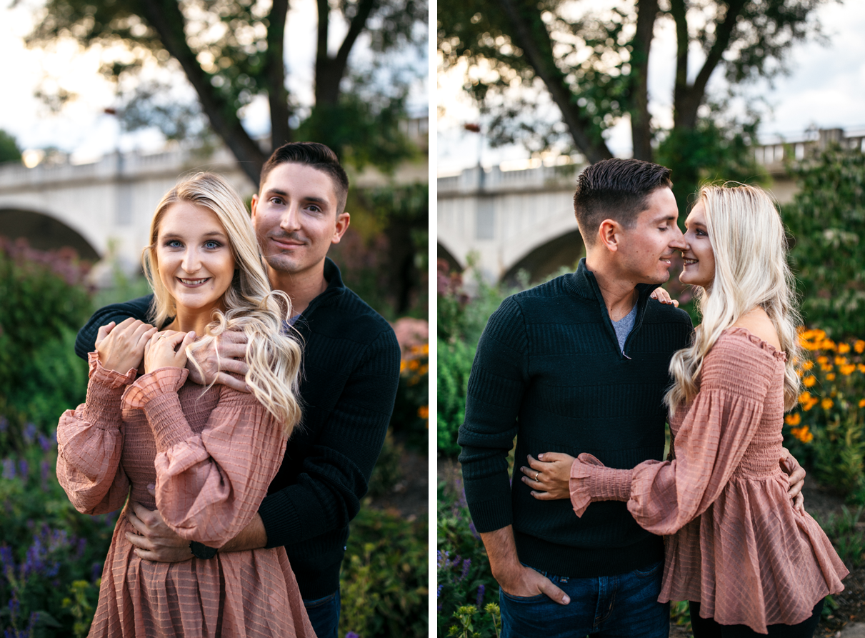 Couple embraces and smiles during Confluence park engagement photos