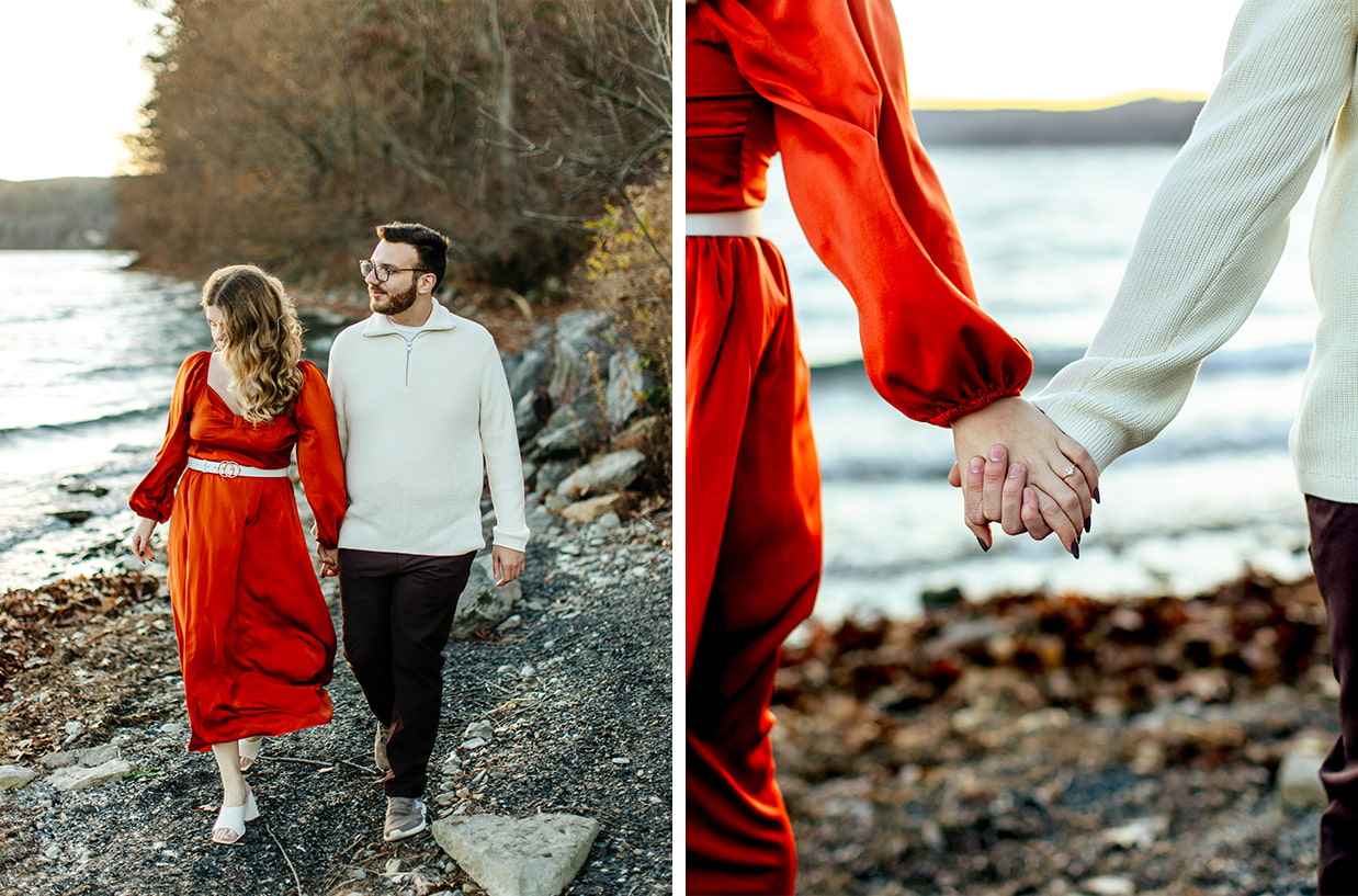 Couple holds hands and walks together for engagement photos in Cooperstown NY