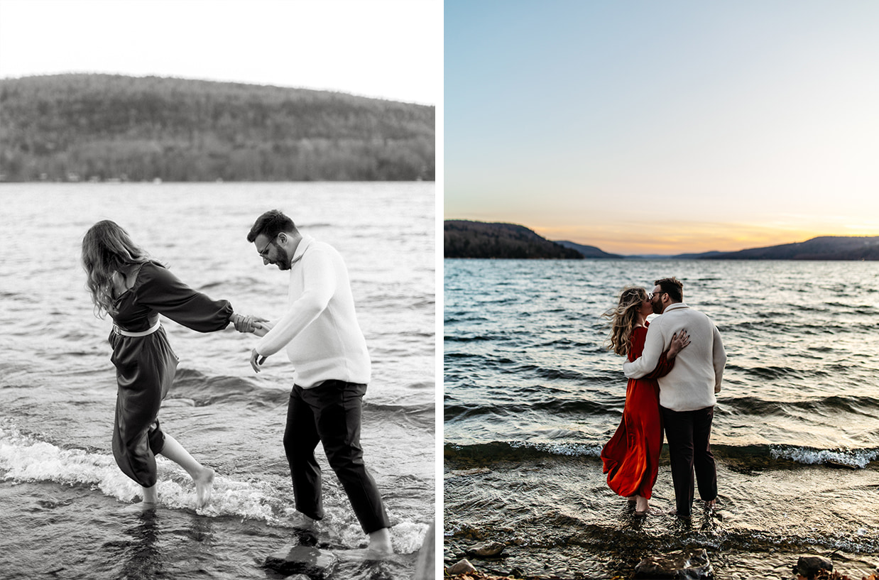 Couple embraces during golden hour in Cooperstown NY while posing for engagement photos