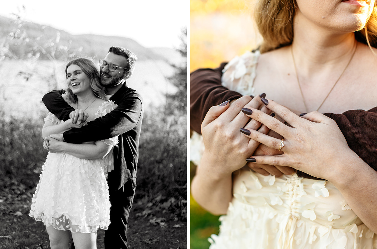 Couple laughs and shows off engagement ring during engagement session in Cooperstown NY