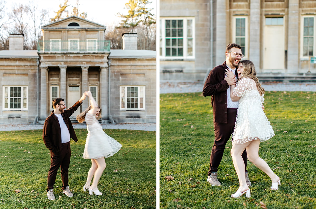 Couple dances during engagement session in front of Hyde Hall in Cooperstown NY
