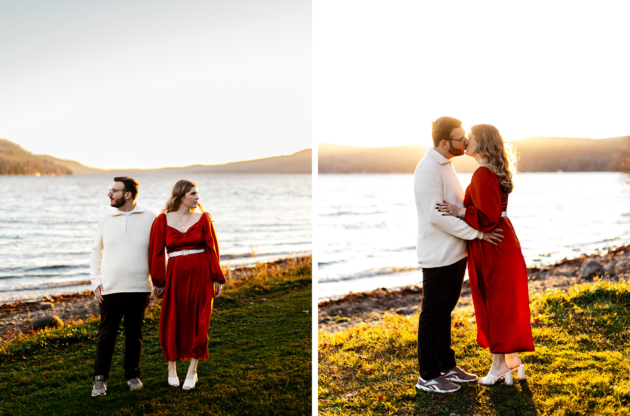 Couple poses for engagement photos during Golden hour in Cooperstown NY