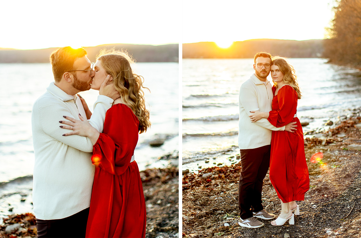 Couple embraces on beach of Glimmerglass State Park in Cooperstown NY