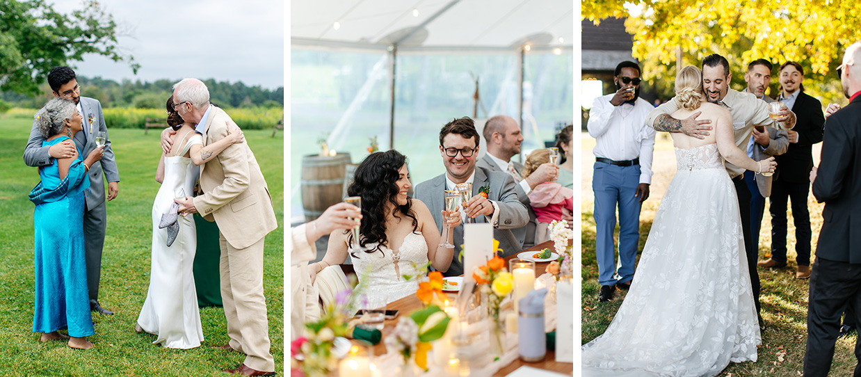 Candid moments of a bride and groom greeting guests and toasting at a Cooperstown, NY wedding reception