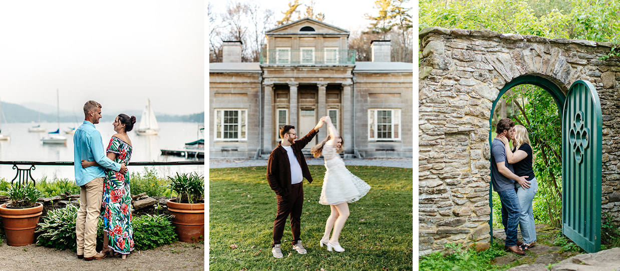 Couples sharing romantic moments at Hyde Hall, and Brookwood Point in Cooperstown, NY