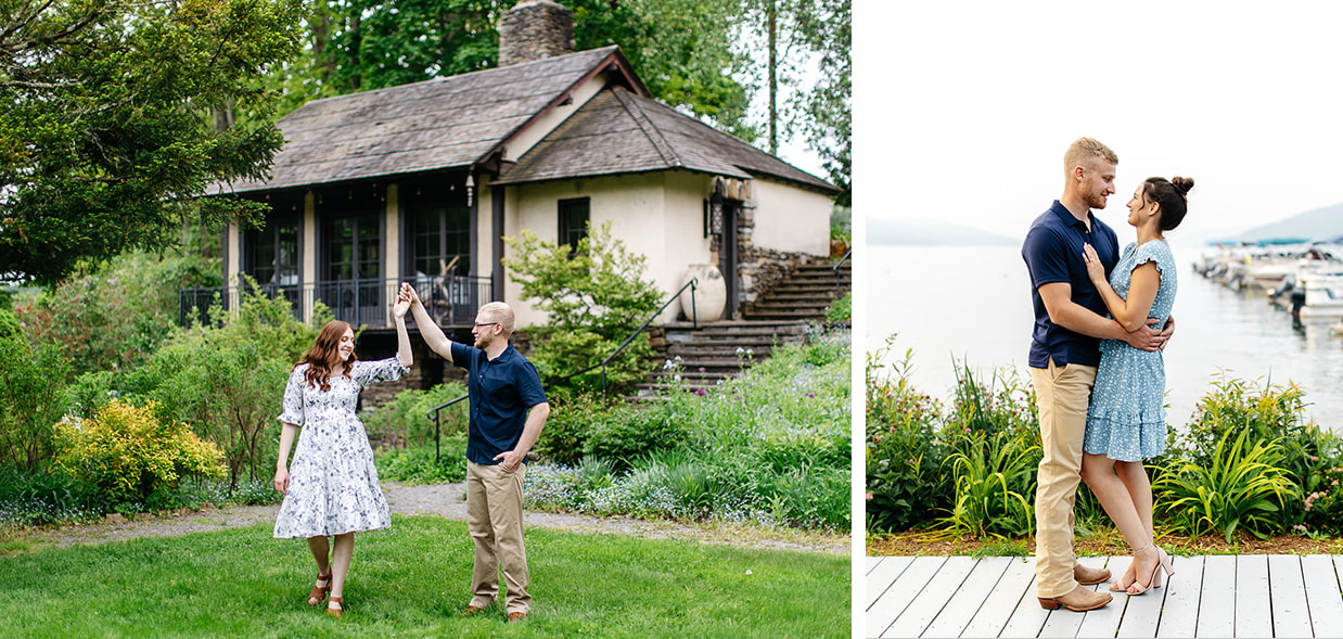 Couple dancing at Brookwood Point and embracing by the water at Lakefront Park in Cooperstown, NY