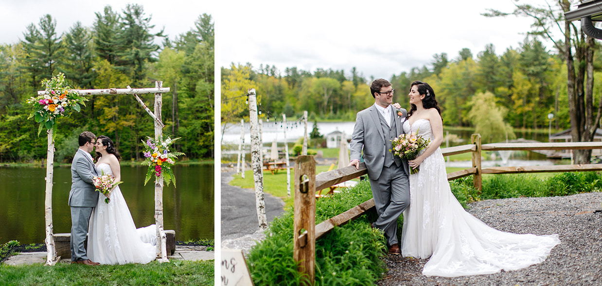 Bride and groom sharing lakeside wedding portraits at The Rosemary at Spano Lake, just outside Cooperstown, NY