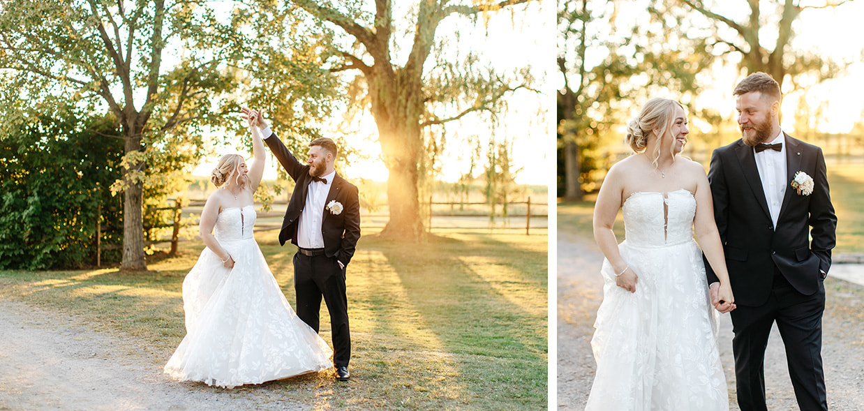 Bride and groom sharing golden hour portraits at sunset on their wedding day in Upstate New York