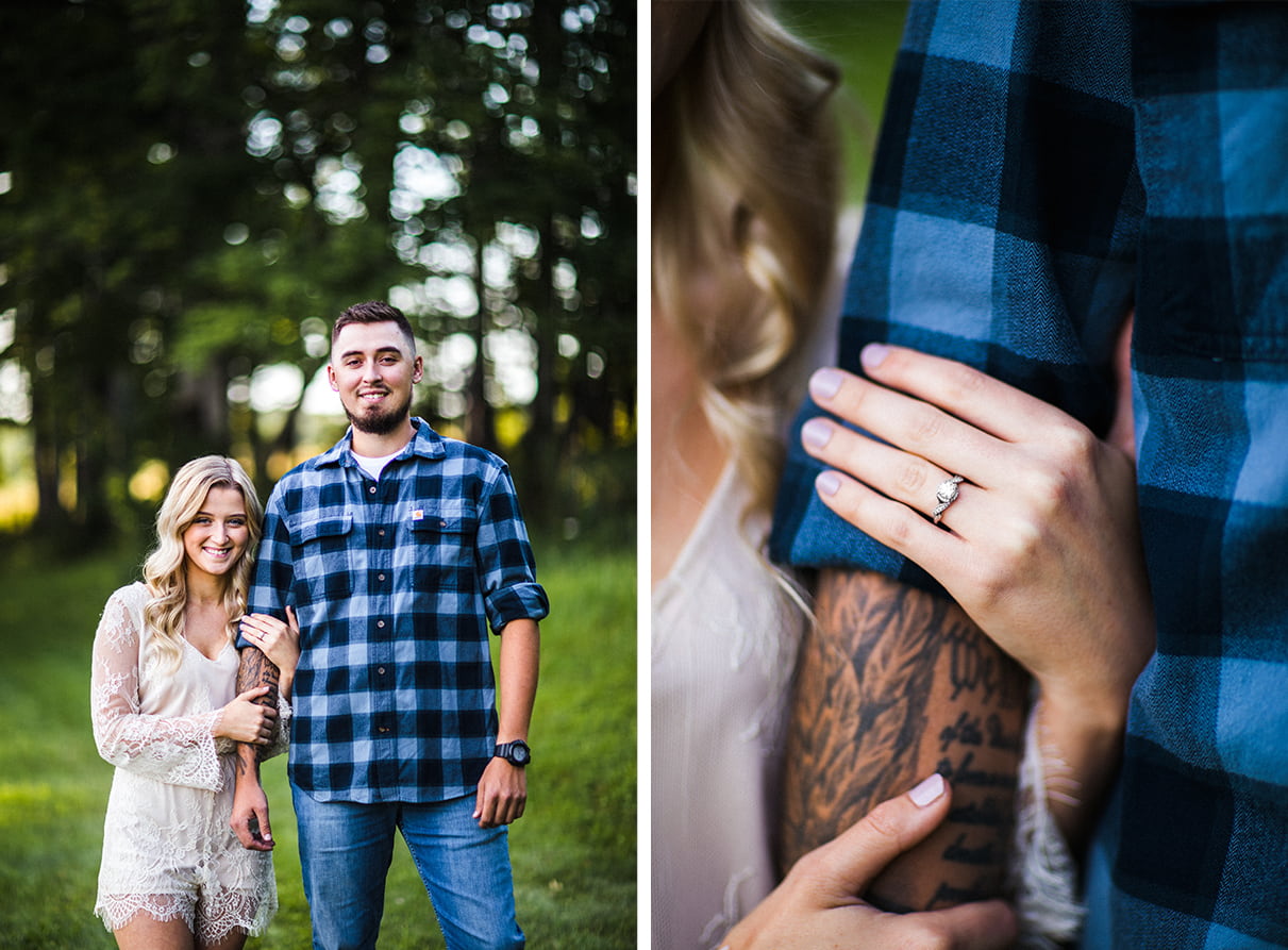 couple holding hands smiling at camera and engagement ring