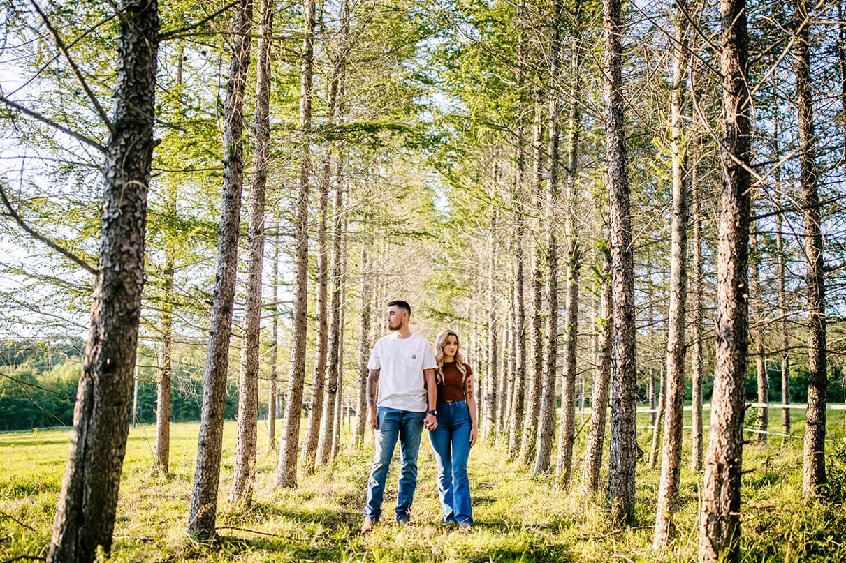 couple holds hands in the middle of a line of trees and looks in opposite directions