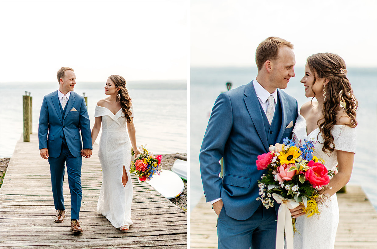 Couple walking together on a dock during a Finger Lakes elopement with lake views in Upstate New York