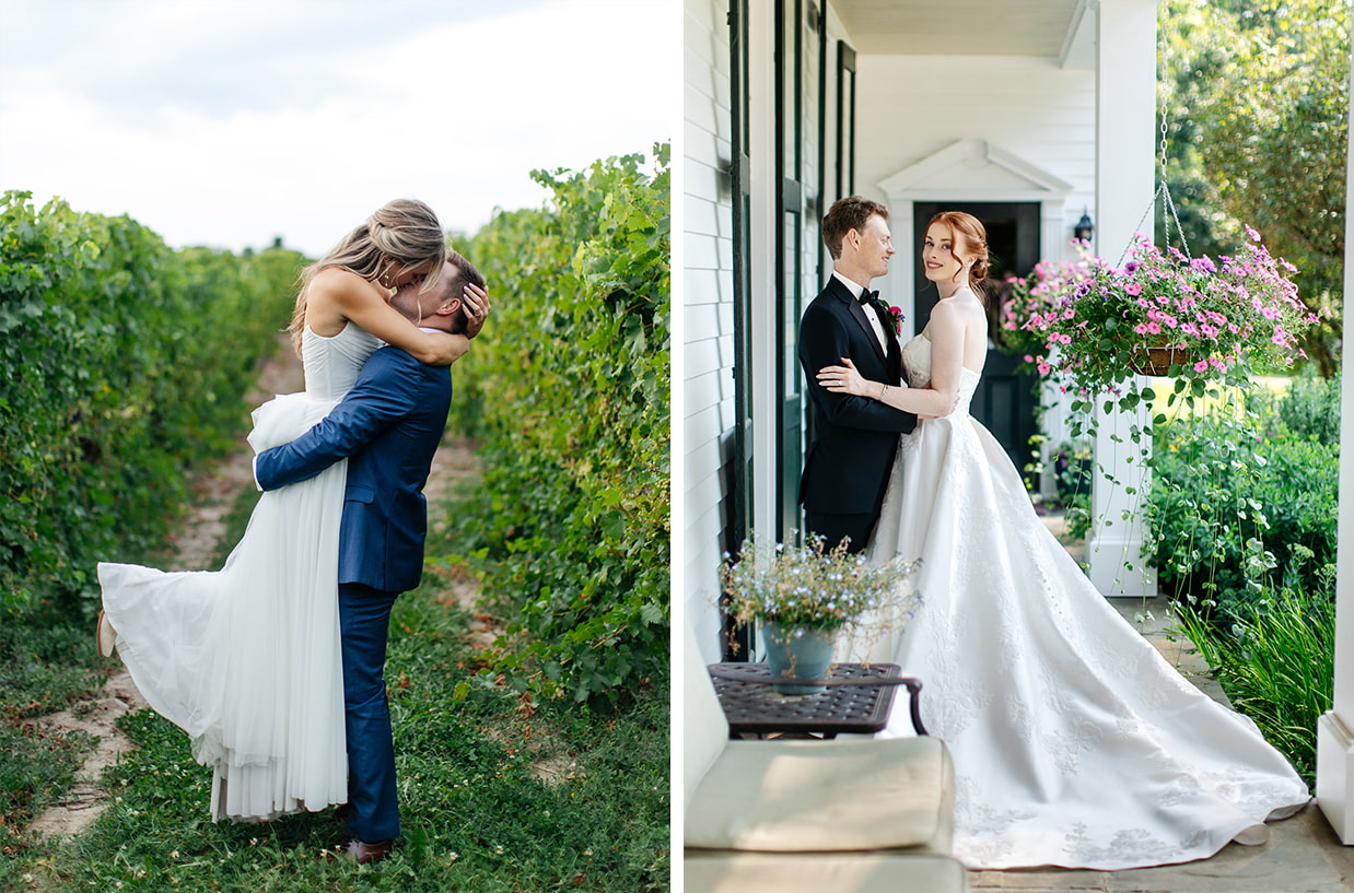 Romantic vineyard wedding portraits in the Finger Lakes featuring a couple embracing among the vines and outside a white inn
