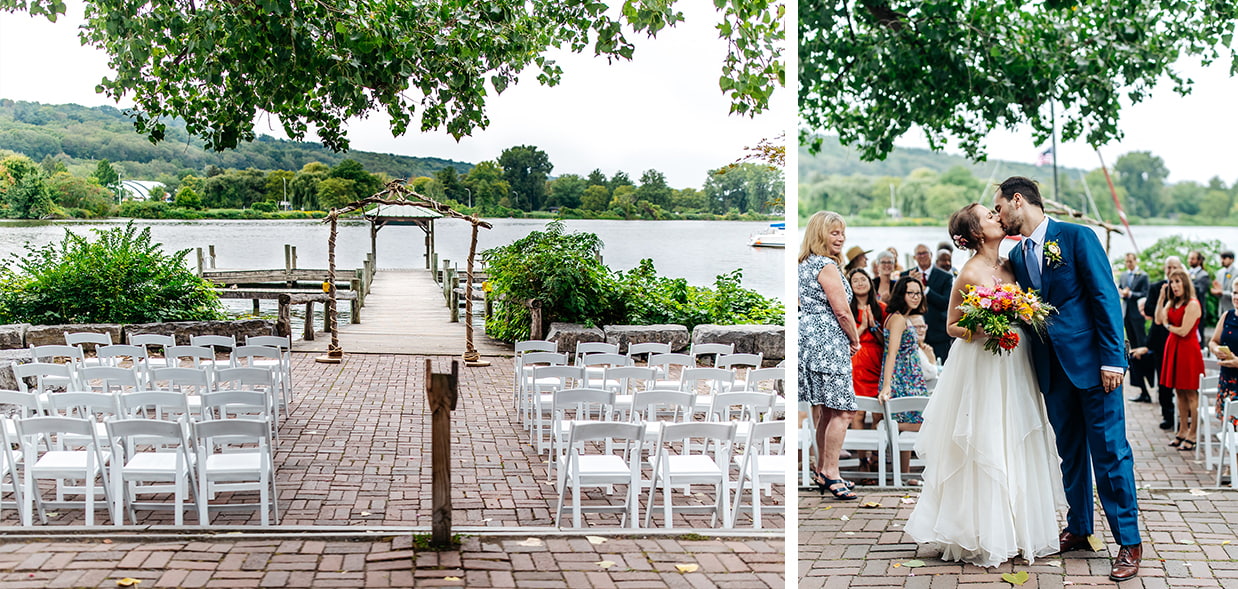 bride and groom kiss in front of waterfront ceremony space on cayuga lake in the finger lakes